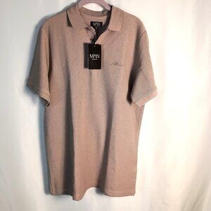 BoohooMAN Polo Shirt XL Light Tan Cotton Waffle Knit Embroidered Tipped NWT